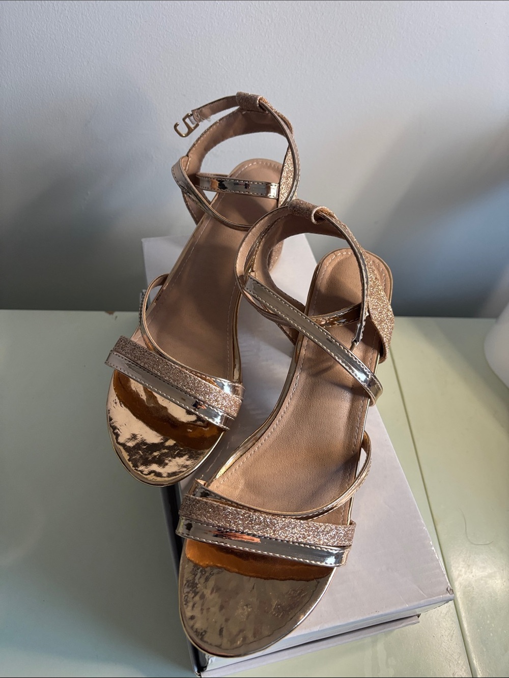 Metallic Rose Gold Strappy Low Block Heel Sandals - Picture 2 of 7